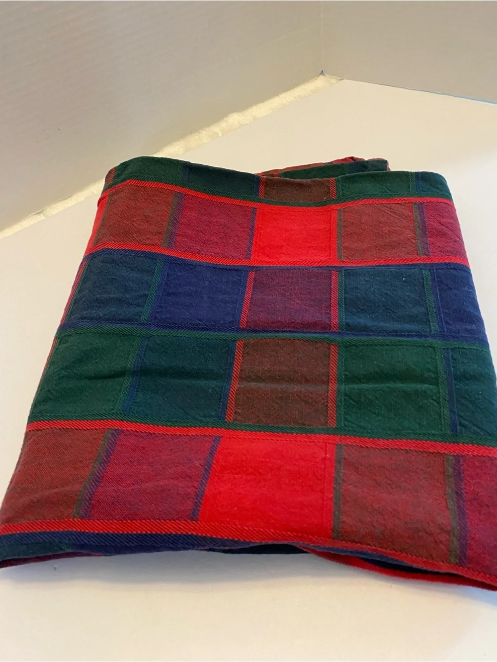Vintage Tablecloth Bold Checkerboard Plaid 48” X 48’ Square Red Green Blue